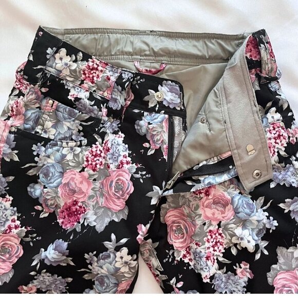 BETTY RIDES BLACK PINK FLORAL FLARED SNOWBOARD WINTER PANTS - S - Picture 11 of 16